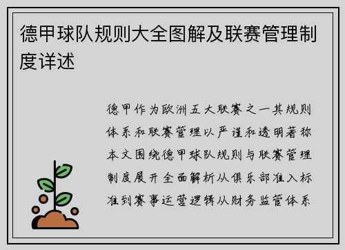 德甲球队规则大全图解及联赛管理制度详述
