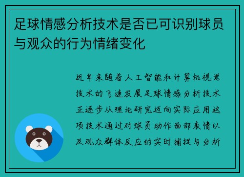 足球情感分析技术是否已可识别球员与观众的行为情绪变化